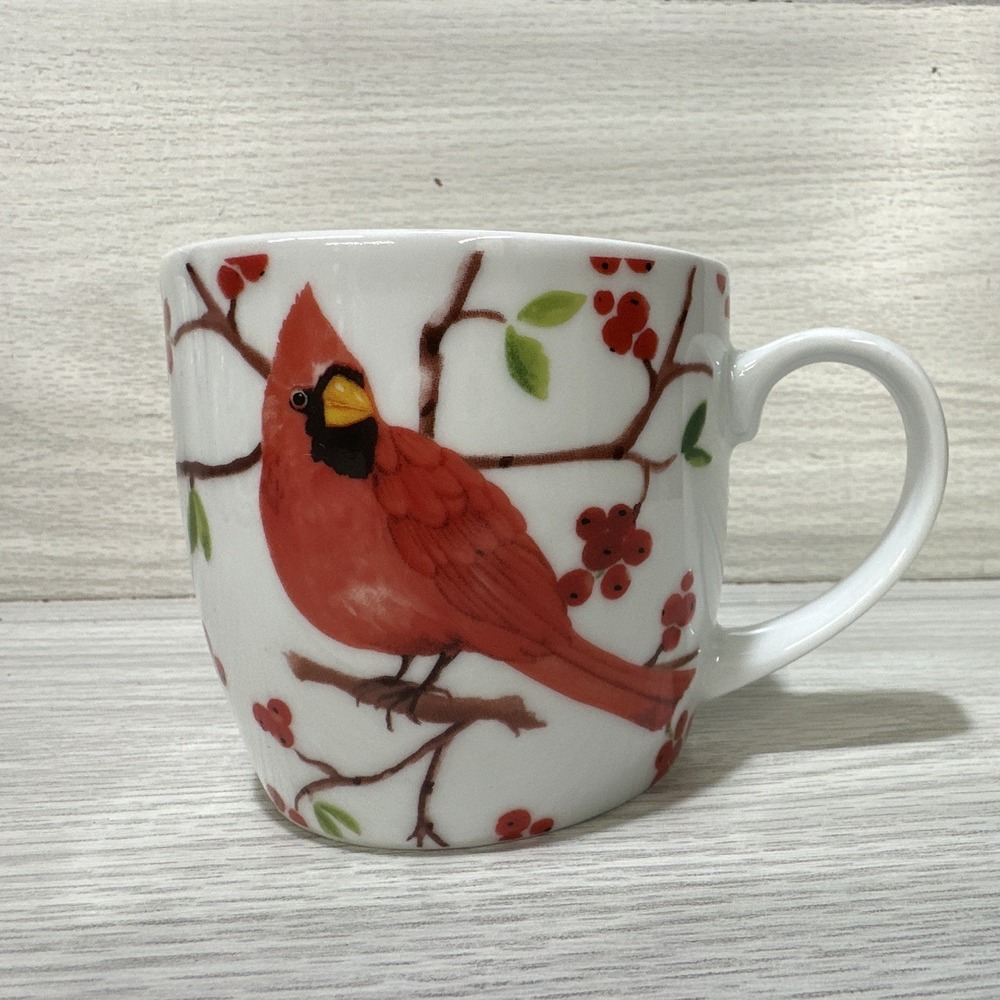 NOW Designs 16 fl oz Ceramic Coffee Mug Cardinal Bird Berry Branch White Red